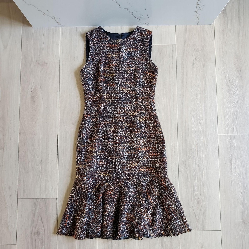 Dolce & Gabbana Dress Womens 40 Brown Tweed Ruffle Mermaid Sheath Mini